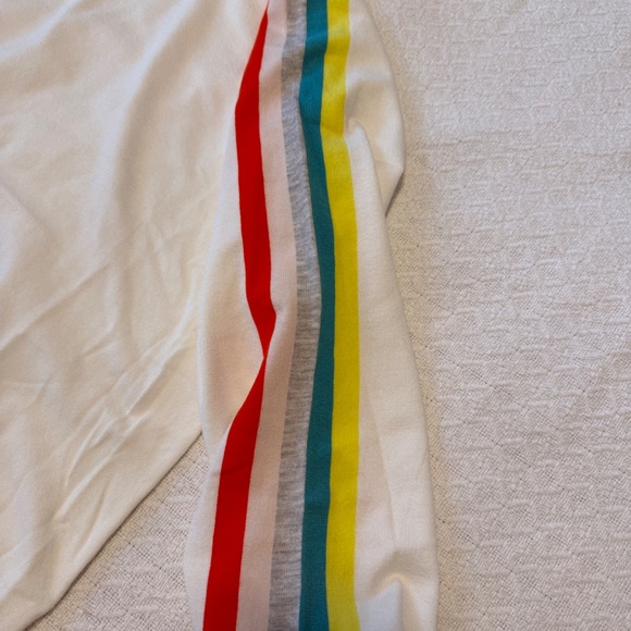 white crew neck sweater with color stripes on sleeves, large - Picture 4 of 8